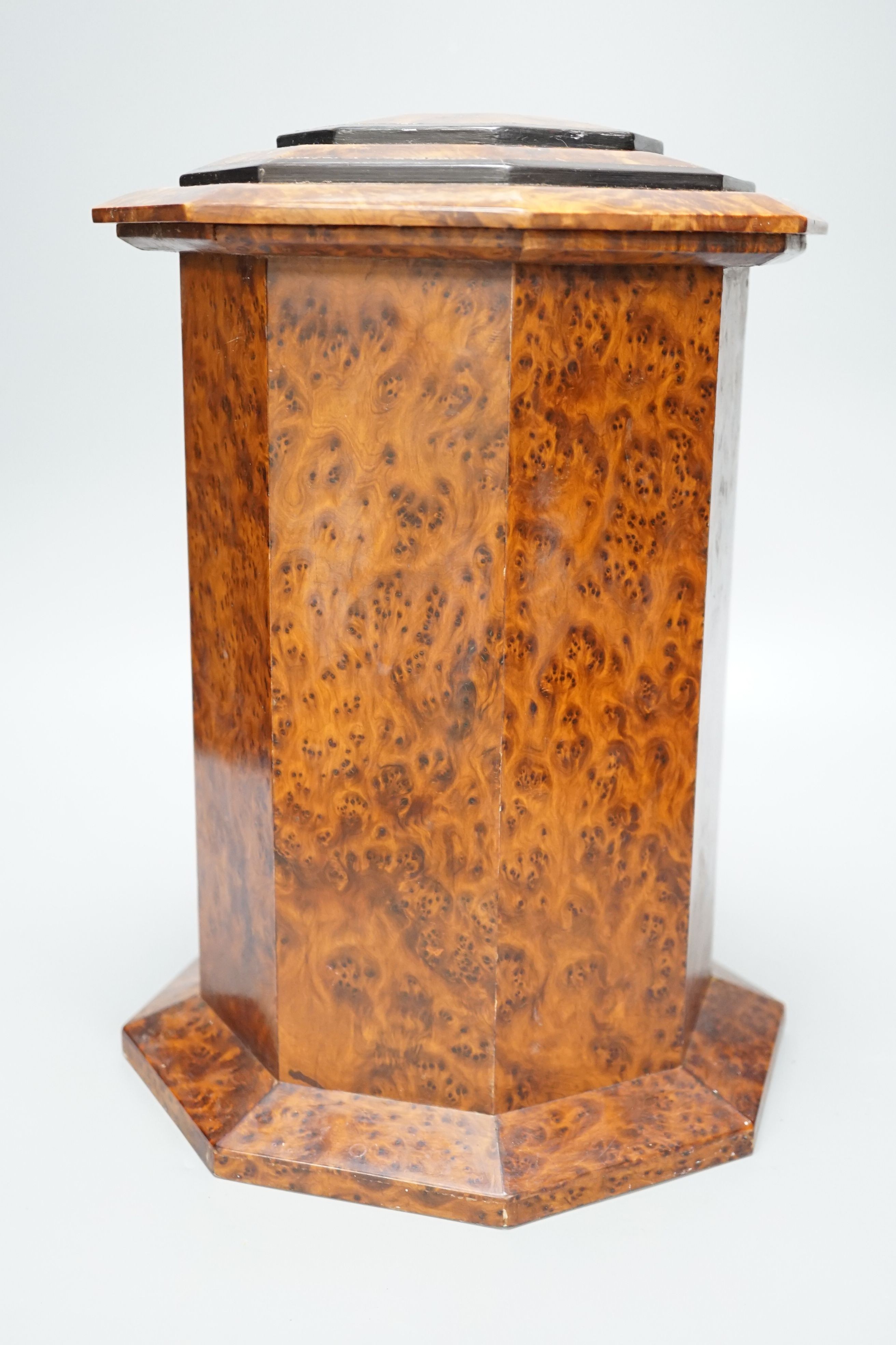 A Victorian-style amboyna octagonal country house post box, 34 cms high.